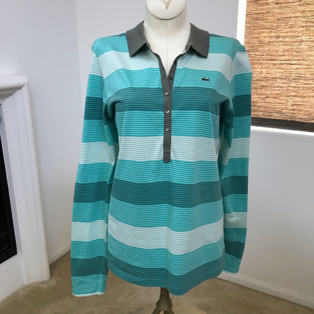 Lacoste striped V-neck collared long sleev…
